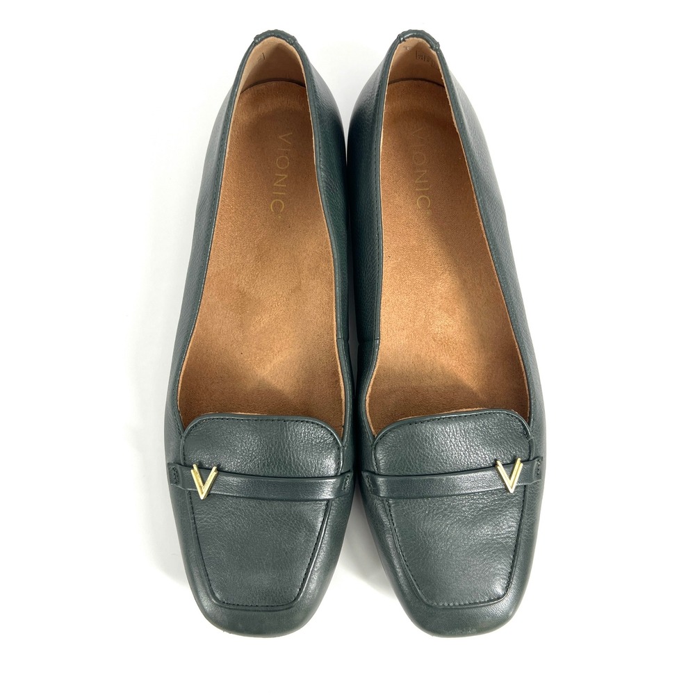 Vionic Hayes Leather Loafers Dark Green Square Toe Gold V Hardware Womens 11 W